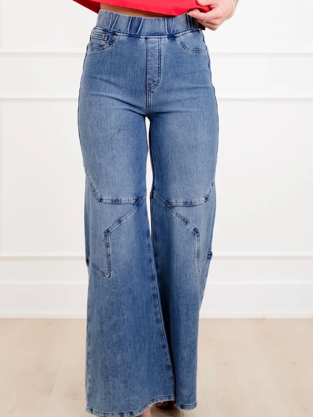 Saige High-Rise Medium Wash Pull on Star Wide Leg Knit Jeans
